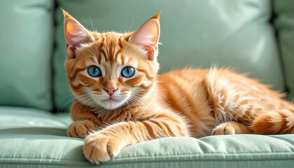 Cute orange fluffy cat rolling on green carpet, upright ears, bright blue eyes, close-up home setting.