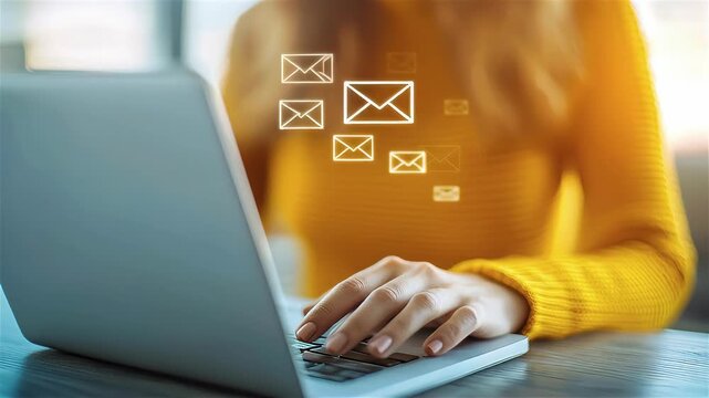 Email inbox message on laptop, woman typing in cozy workspace energetic warm light boosts modern digital communication, calm focused workflow