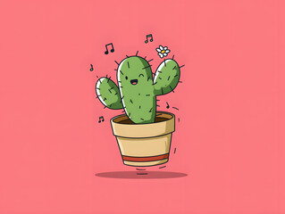 Cute cartoon cactus illustration dancing with joy, happy plant in a pot with music notes and a flower