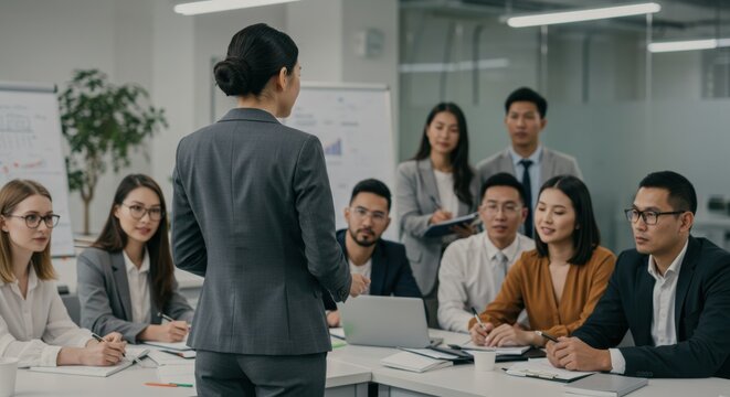 Team meeting interaction corporate office professional discussion modern workspace focused perspective leadership insights