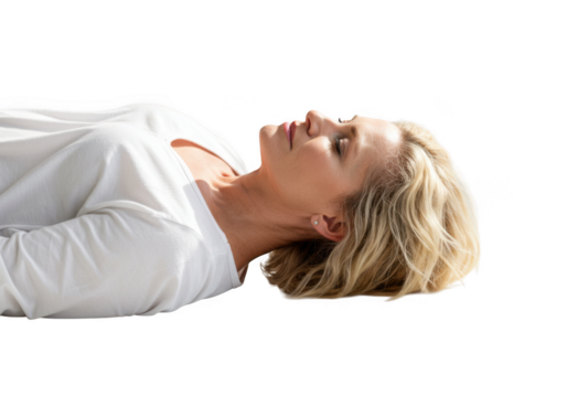 Woman lying down with eyes closed isolated on transparent background