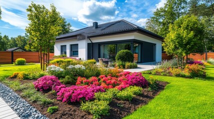 Colorful garden in front of modern house surrounded by lush greenery on a sunny day