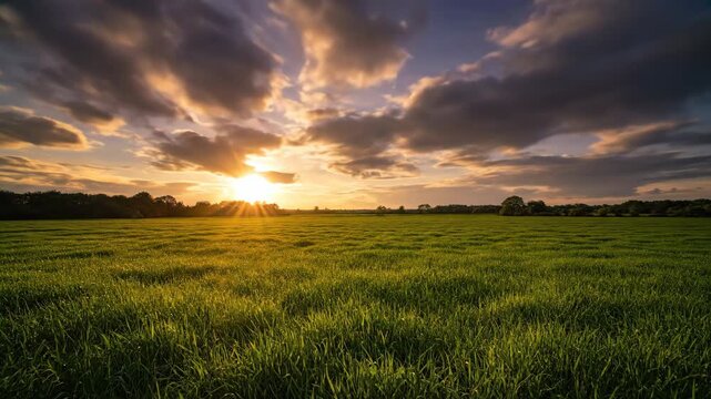 Fast-moving clouds create dramatic shadows over a vibrant green meadow at sunset sunset, freshair, outdoors