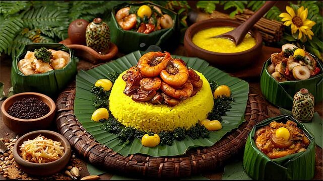 Assorted Indonesian Food with Yellow Rice and Shrimp