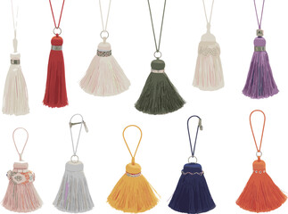Set of colorful decorative tassels, hanging accessories, textile ornaments, keychain tassels, vintage fashion elements, embroidery decorations, vector illustration for design and crafts