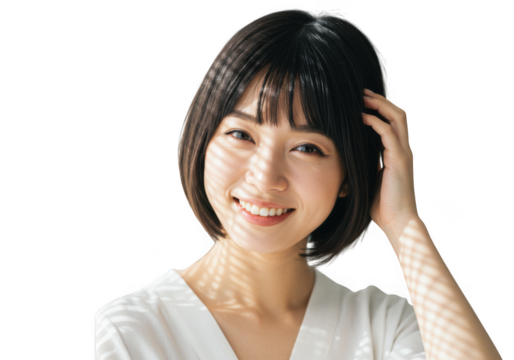 Young asian woman with short bob hairstyle smiling, isolated on transparent background