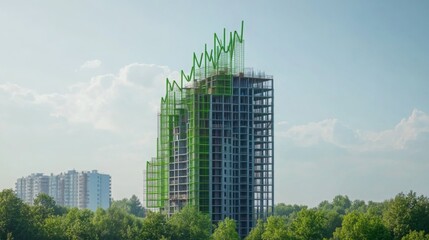 Obraz premium Construction site of a tall building with green scaffolding and skyline under clear sky in a city setting during daytime