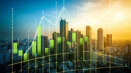 Urban skyline with financial growth indicators during sunset in a bustling city