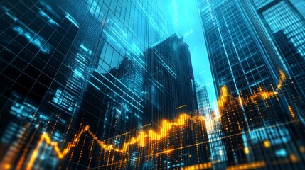 Urban skyline features modern skyscrapers with digital financial data overlay in a vibrant urban setting