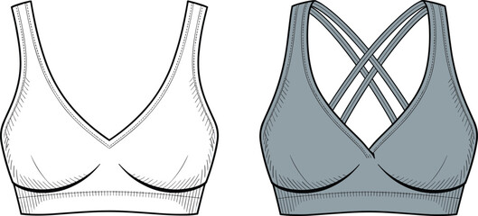 Sports bra front and back view, seamless activewear design, workout clothing illustration, vector fashion sketch, fitness lingerie pattern, stylish apparel template