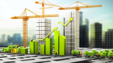 Construction growth is depicted through cranes, workers, and rising graphs in an urban setting