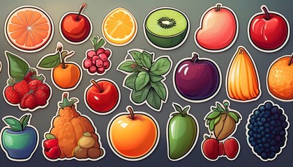 Cute fruit sticker collection, simple and colorful icons, lined up on soft light background.