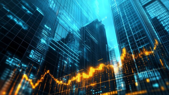 Urban skyline features modern skyscrapers with digital financial data overlay in a vibrant urban setting