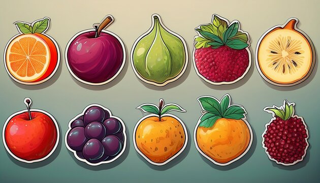 Naklejki  fruit sticker set, clean and playful design, vibrant colors on light background, arranged beautifully.