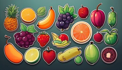 Stickers collection of colorful fruits in simple style, arranged in a row, light background, perfect for icons.