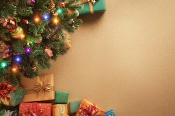 Overhead View of Christmas Tree with Colorful Lights and Gifts on Golden Border, HD Festive Background with Ample Space‌
