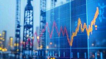 Financial market analysis with stock graph overlay and industrial skyline at dusk