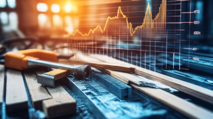 Tools and graphs on a workshop table illustrating a growing construction project in the early morning light
