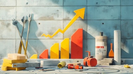 Construction tools and graphs showing growth in workspace with yellow and red colors and a concrete background