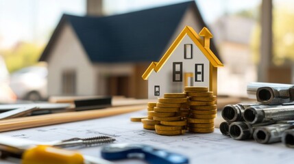 Real estate investment concepts featuring miniature house model and tools on construction plans with coins in bright workspace