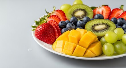 Vibrant Fruit Platter: Strawberries, Mango, Kiwi, Blueberries, and Grapes on White Plate
