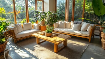 Cozy indoor seating area with natural light and lush greenery in a serene environment