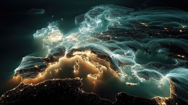 Nighttime European Map Showing Light Distribution & Atmospheric Phenomena