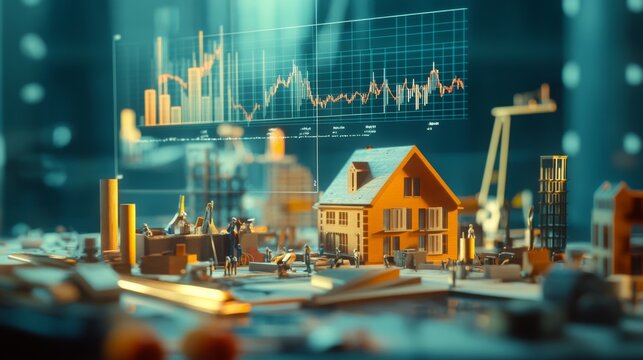 Building project model with construction figures and data visualization in modern office setting