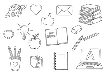 Vector illustration of collection of handdrawn doodle icons representing education, learning, and creativity, isolated on a