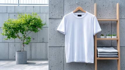 White T-Shirt on Hanger with Concrete Wall Background and Green Plant Indoors