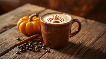 Pumpkin Coffee, creamy spiced latte with rich pumpkin flavor, topped with frothy milk and cinnamon, cozy seasonal drink perfect for autumn lifestyle visuals