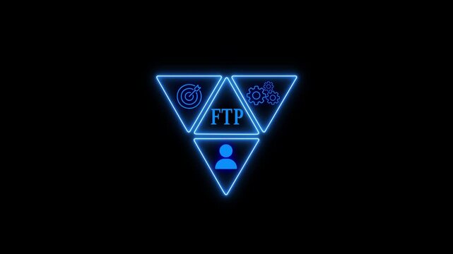A glowing blue ftp file transfer protocol icon arranged in a triangular formation against a dark background, symbolizing data transfer, networking, and file management in technology