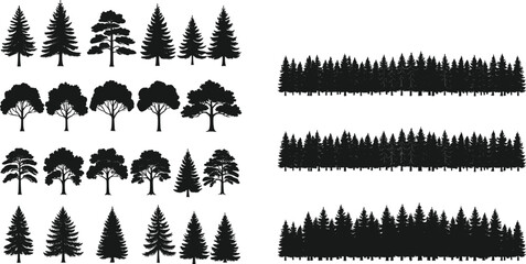 Tree and forest silhouette collection, pine and deciduous tree vector illustration, natural woodland landscape, evergreen background design, outdoor nature art