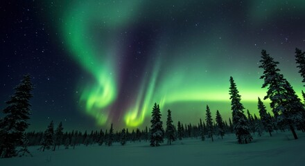 Naklejka premium Dazzling aurora borealis dance over snowy forest alaska natural phenomenon nighttime scenic beauty