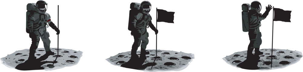 Astronaut moon illustration, space exploration art, flag planting scene, black and white vector, lunar surface activity, cosmic achievement graphic design