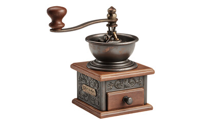 Antique coffee grinder isolated on transparent background, a vintage kitchen tool