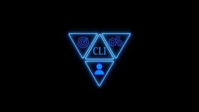 A glowing blue cli command line interface icon arranged in a triangular formation against a dark background, symbolizing software development, system administration, and user interaction in technology