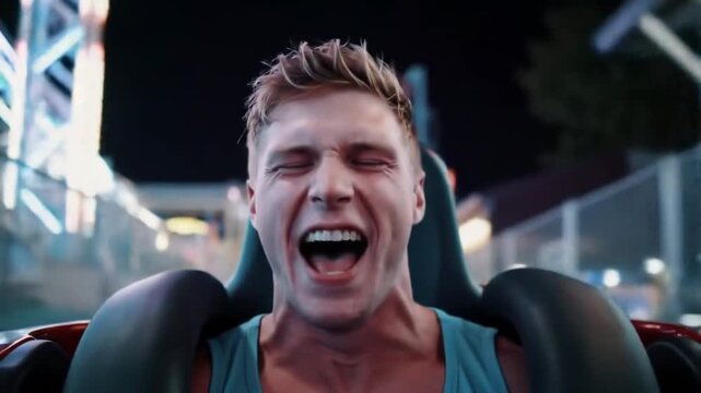 Close-up of a young man screaming with excitement on a roller coaster at night.