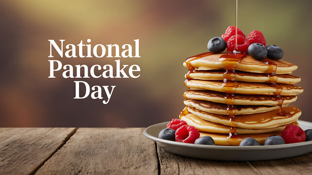 Stack of pancakes topped with berries and syrup on a wooden table for National Pancake Day