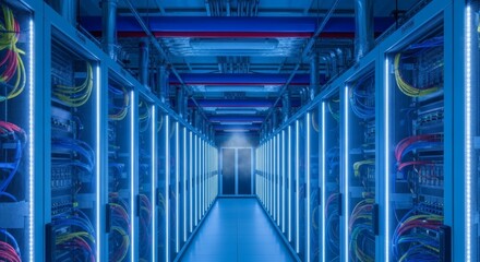 Cutting-edge data center illuminated by vibrant blue lights showcases powerful servers and advanced technology for reliable cloud computing solutions