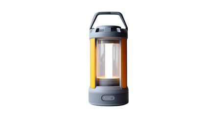Portable camping lantern with gray and yellow accents isolated on transparent background