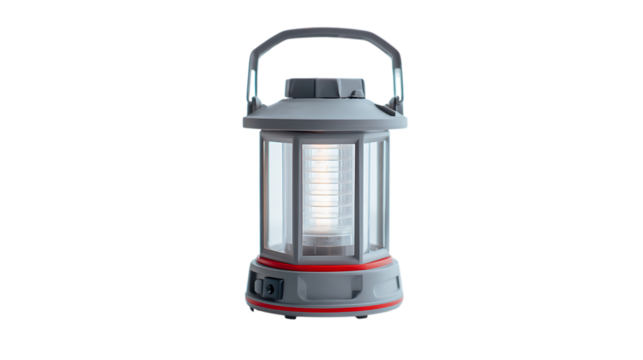Gray camping lantern isolated on transparent background with handle on top