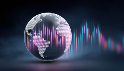 Digital globe online shopping concept with colorful soundwave data visualization and global network connection evoking dynamic commerce