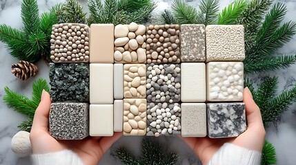 Hands holding a collection of decorative, square soaps