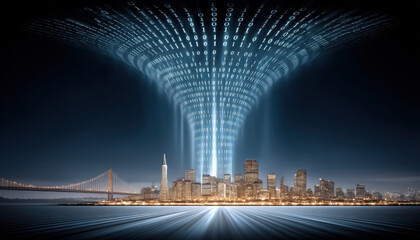 Digital city skyline with streaming binary code funnel suggesting online shopping data flow and futuristic urban network energy