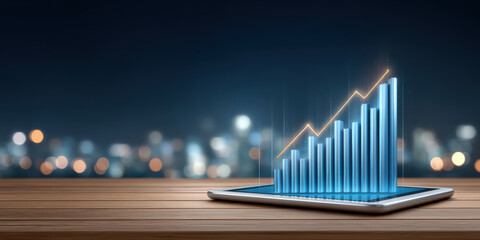 Obraz premium Online shopping analytics graph rising from tablet screen showing digital sales growth and city bokeh background evoking confident business
