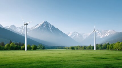 Wind Turbines in Green Field with Snowy Mountains and Clear Blue Sky Renewable Energy Concept Eco Friendly Power Generation Sunny Day