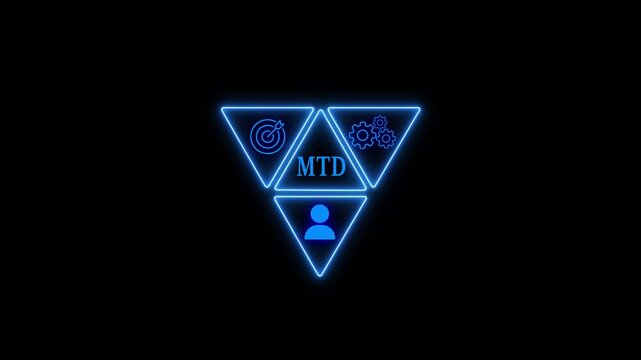 The mtd acronym is displayed in a neon blue triangle, with a target, gear, and person icon surrounding it, all glowing against a black background, creating a futuristic and technological feel