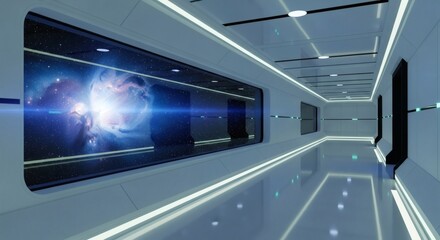 Obraz premium Step into the future with this sleek, modern spaceship interior featuring stunning views of vibrant galaxies and distant nebulae, perfect for sci-fi projects