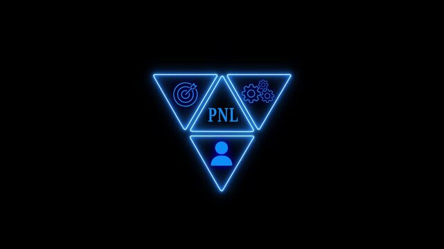 The pnl acronym is displayed in a neon blue triangle, with a target, gear, and person icon surrounding it, all glowing against a black background, creating a futuristic and technological feel